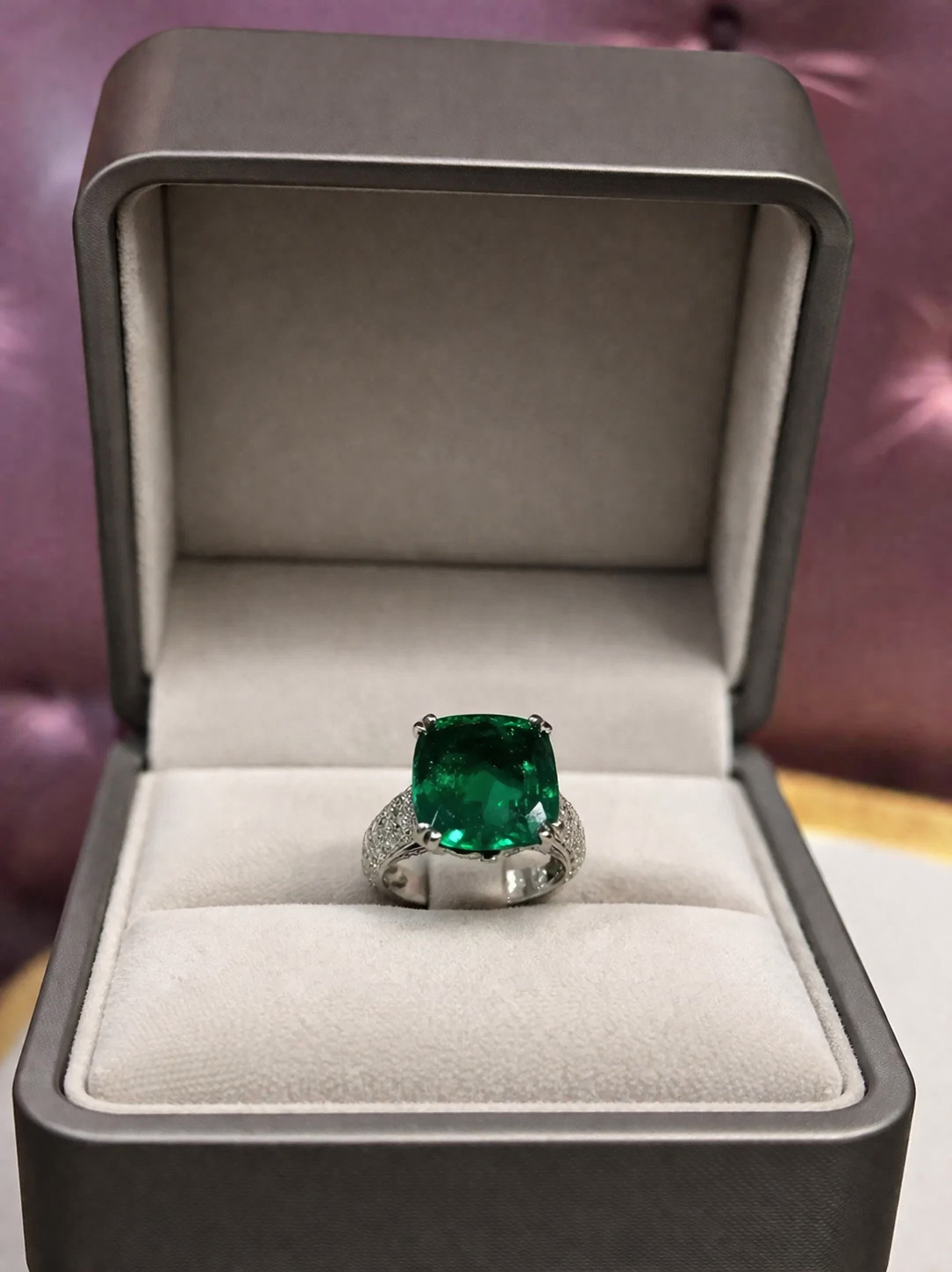 4.90 Ct Cushion Cut Natural Emerald Diamond Wedding Ring 14K White Gold Size 8