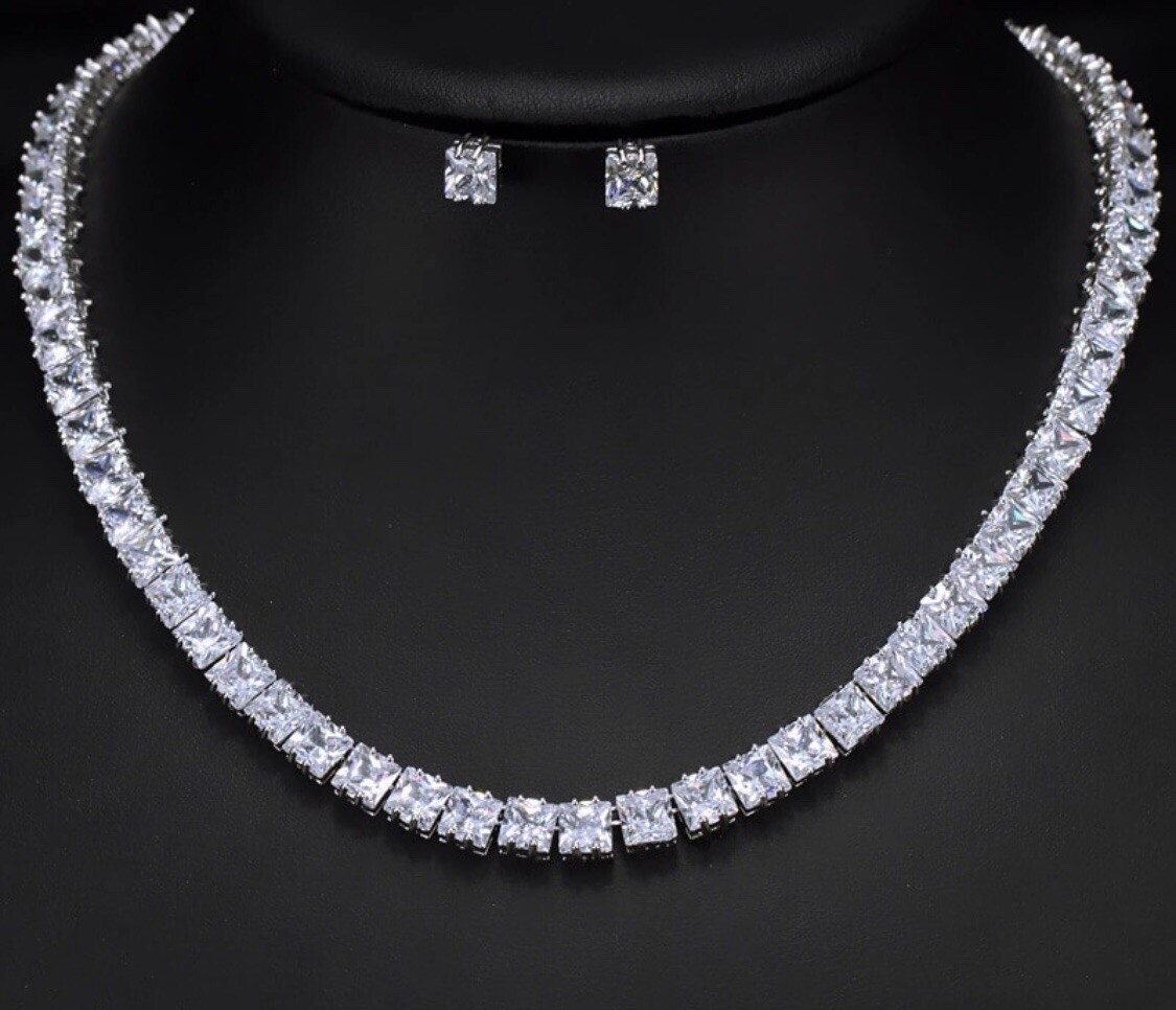 18k White Gold Plated Square Tennis Necklace Earrings made w Swarovski Crystal