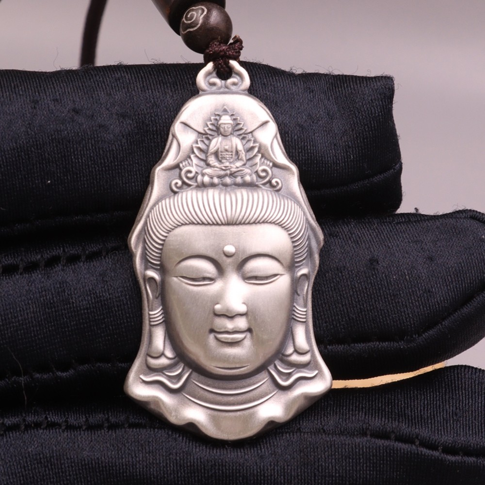 Solid S999 Fine Silver Men Women Lucky Kwanyin Head Pendant 26-27g 45*24mm