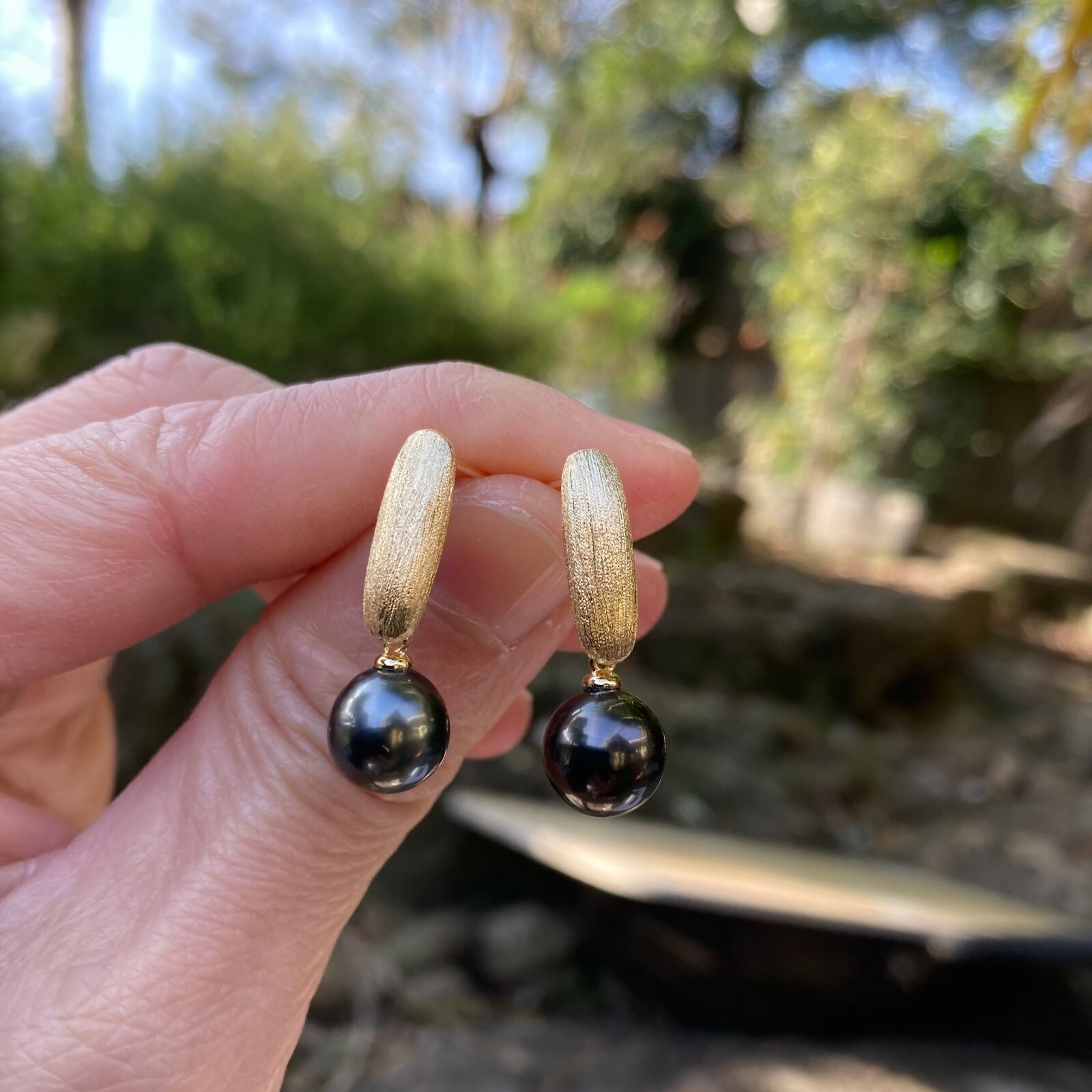 8.5~9mm Black Tahitian Pearl sterling Silver Gold coated 26mm Earring Dangle 184