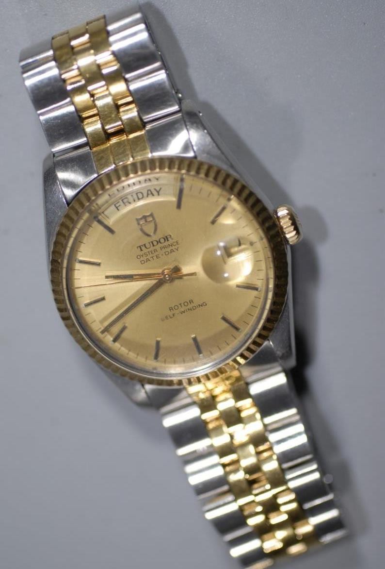 Rolex Tudor Oyster Prince Date-Day 18K Gold Bezel 94613 Daydate 36mm Watch Ex+!