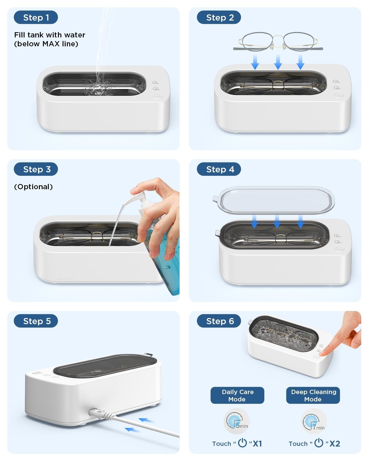 Ultrasonic Jewelry Cleaner 48KHz – Dual Mode, 350ML Stainless Steel Tank, Eyegla