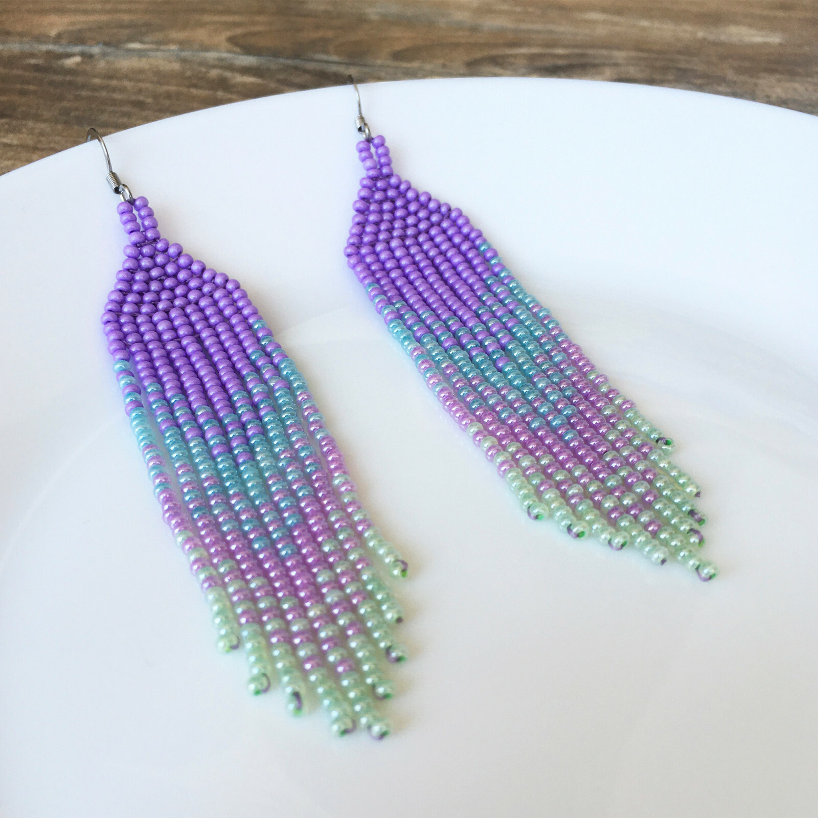 Lavender blue gradient seed bead earrings, Lilac waterfall beaded earrings