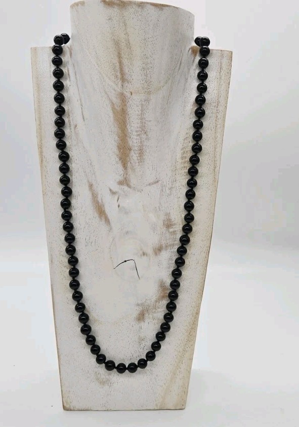 Black Glass Beaded Necklace Hand-Knotted MJ Signed Clasp Gold tone 26 in