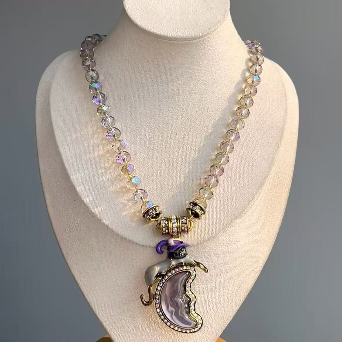 Vintage Heavy Industry Design: Cat Colorful Beaded Necklace on the Moon