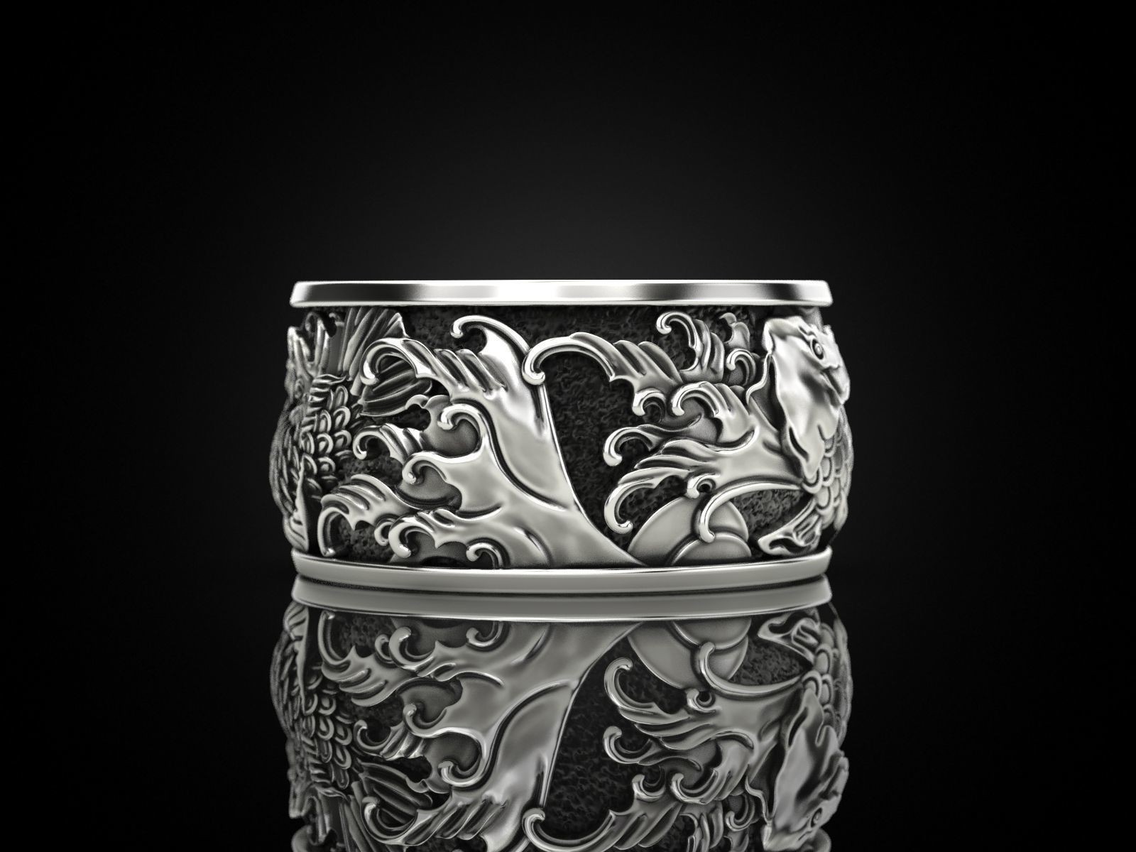 Oxidized Mens Two Japanese Carp & Waves Gothic 925Sterling Silver Statement Ring