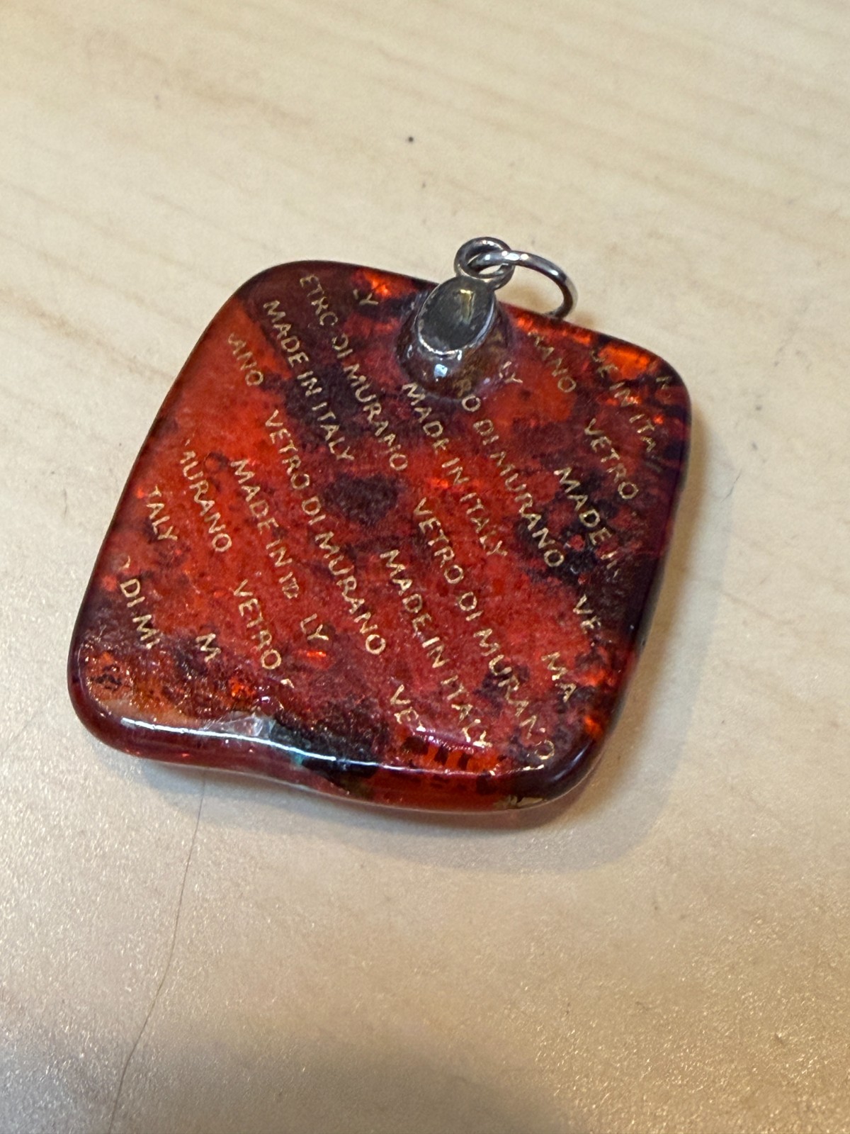 Murano Glass Square Pendant With Red & Gold Flake Stamped “Vetro di Italy”