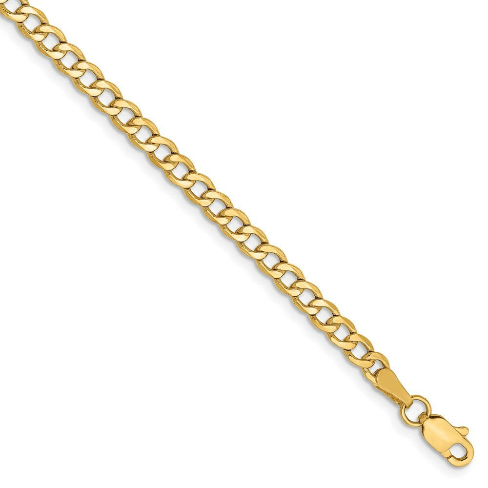 Real 14kt Yellow Gold 3.35mm Semi-Solid Curb Link Chain Chain Bracelet; 8 inch