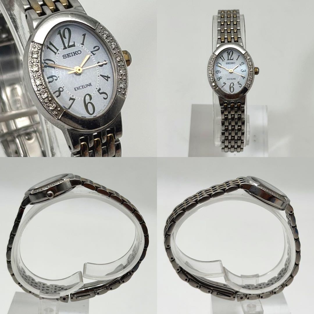 Seiko Exceline V117-0AV0 Solar Ladies Watch White Stone Bezel Japan 0713264