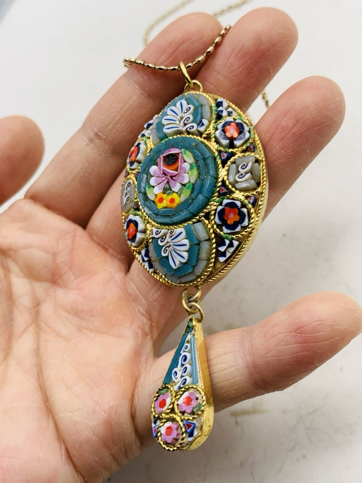 Vintage Colorful Boho Italian Micro mosaic Millefiori Floral Gold Tone Necklace