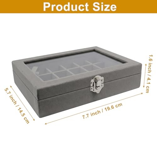 Zorfeter 24 Grid Velvet Jewelry Box, Lockable Organizer with Clear Lid Grey