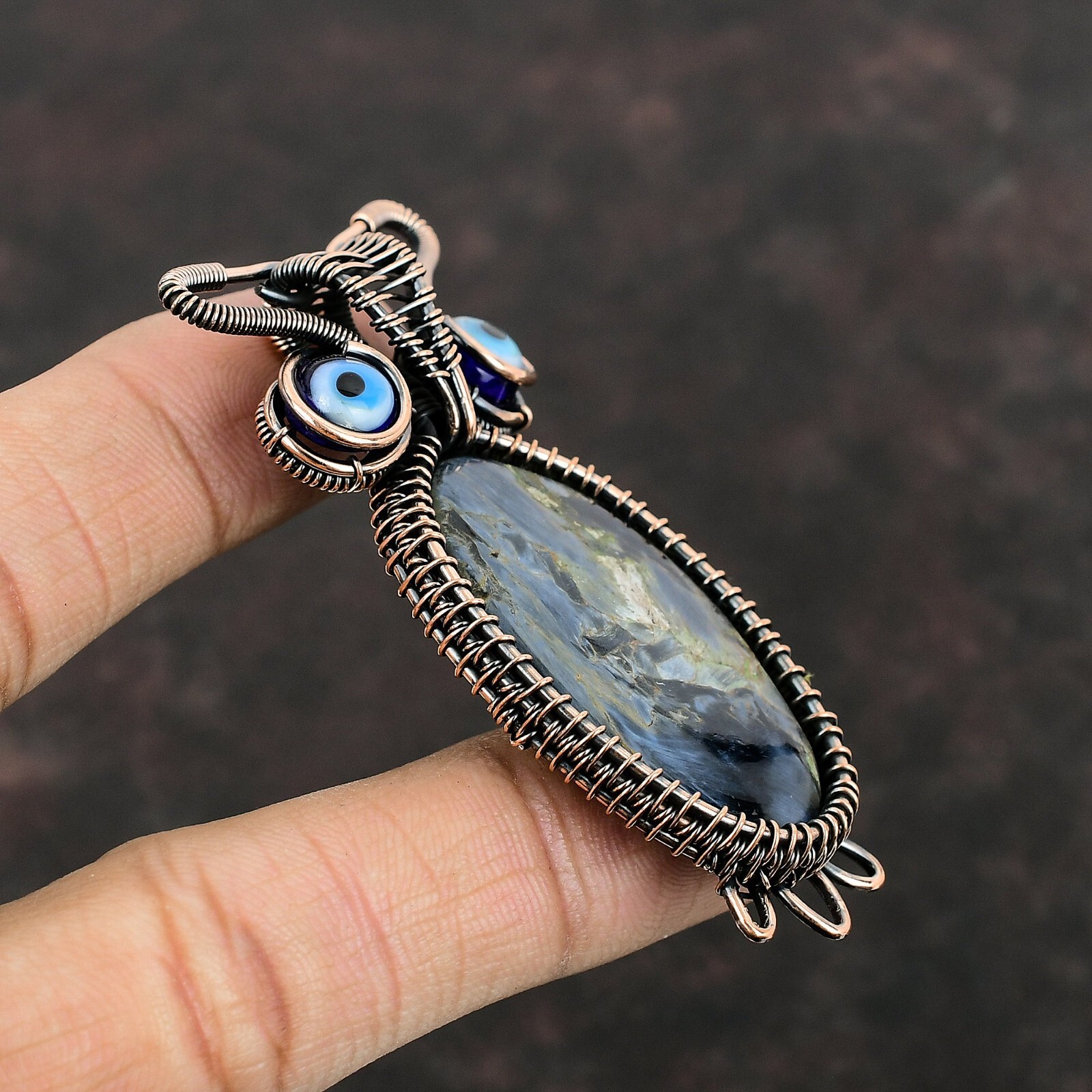 Pietersite Wire Wrapped Owl Pendant Handcrafted Copper Dailywear 2.83″