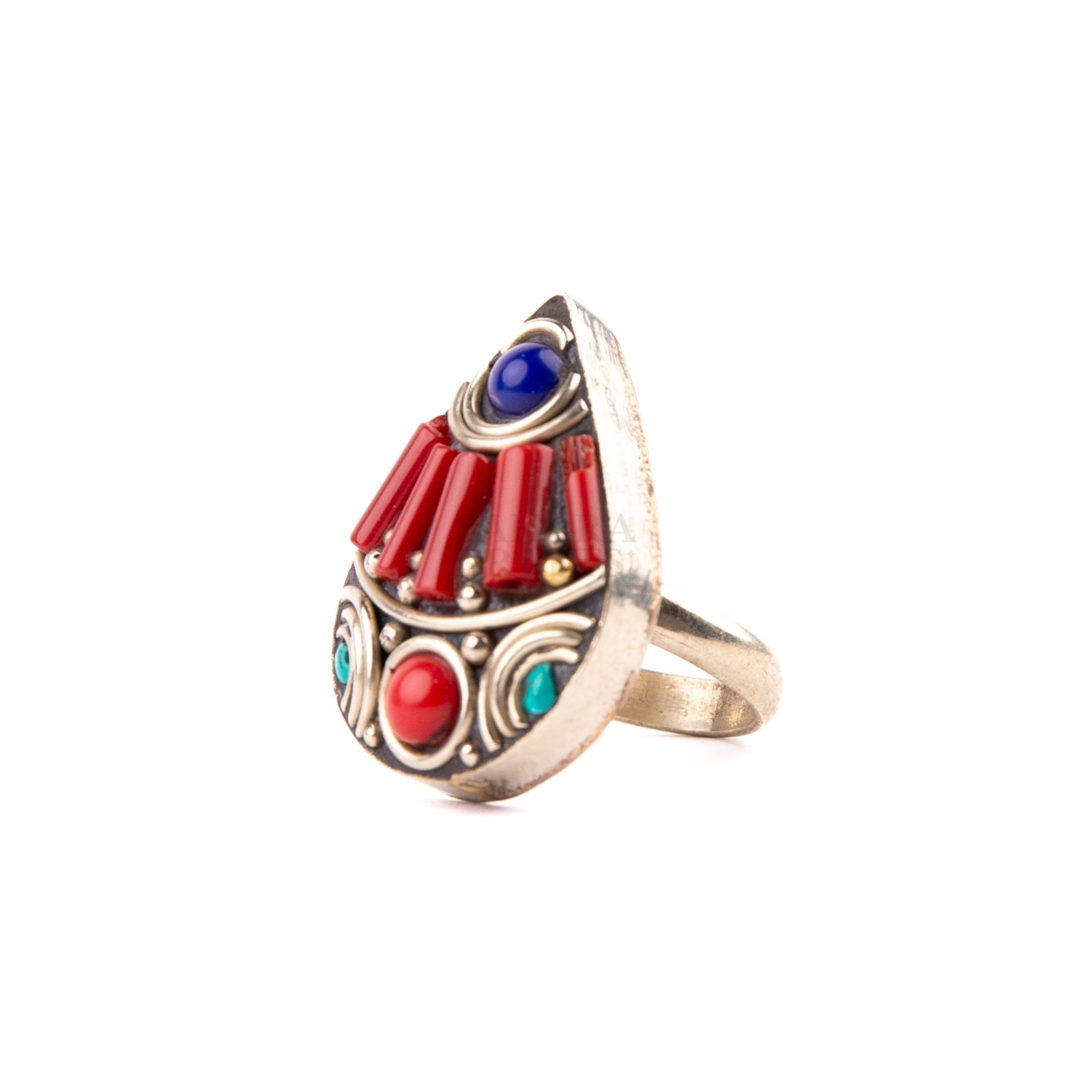 Tibetan Ring, Red Coral Turquoise, Beads Tibetan Ring, Handmade Nepali Jewelry