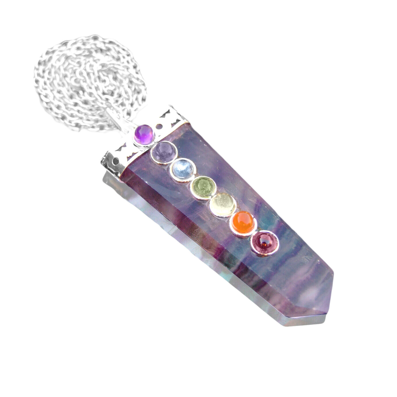 Rainbow FLUORITE 7 Chakra Pendant CHARGED Crystal Sterling Silver Necklace Reiki