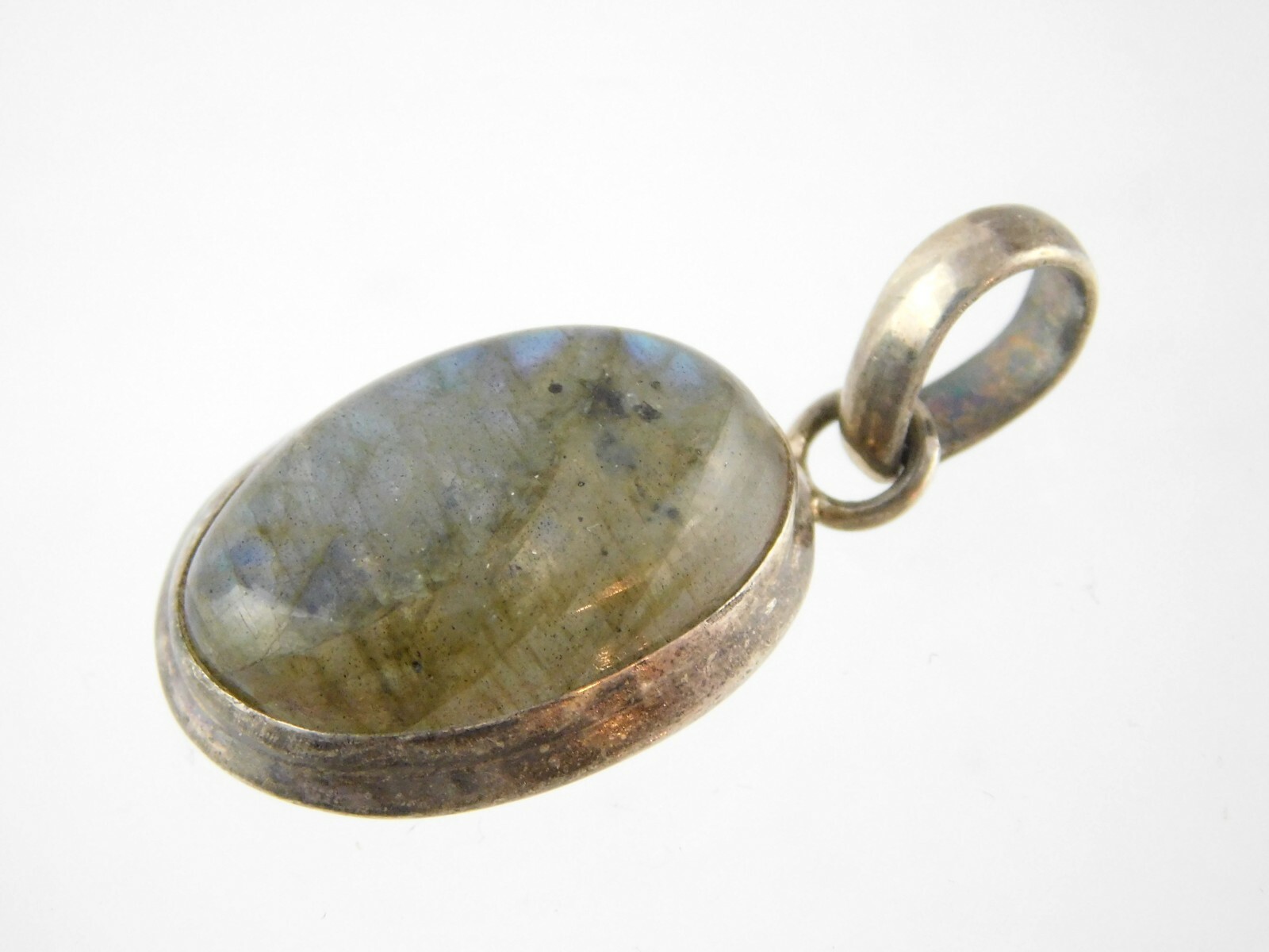 Vintage Sterling Silver Labradorite Cabochon Pendant 925 1.5 Inches 8.8 Grams