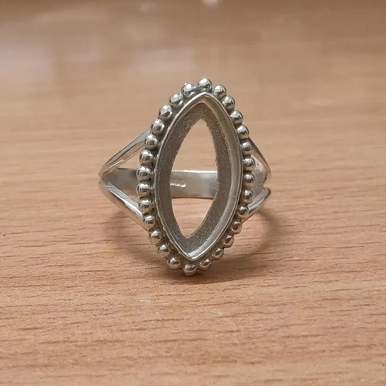 925 Sterling Silver 8x16mm Marquise Bezel Ring Blank Beaded Band DIY Jewelry