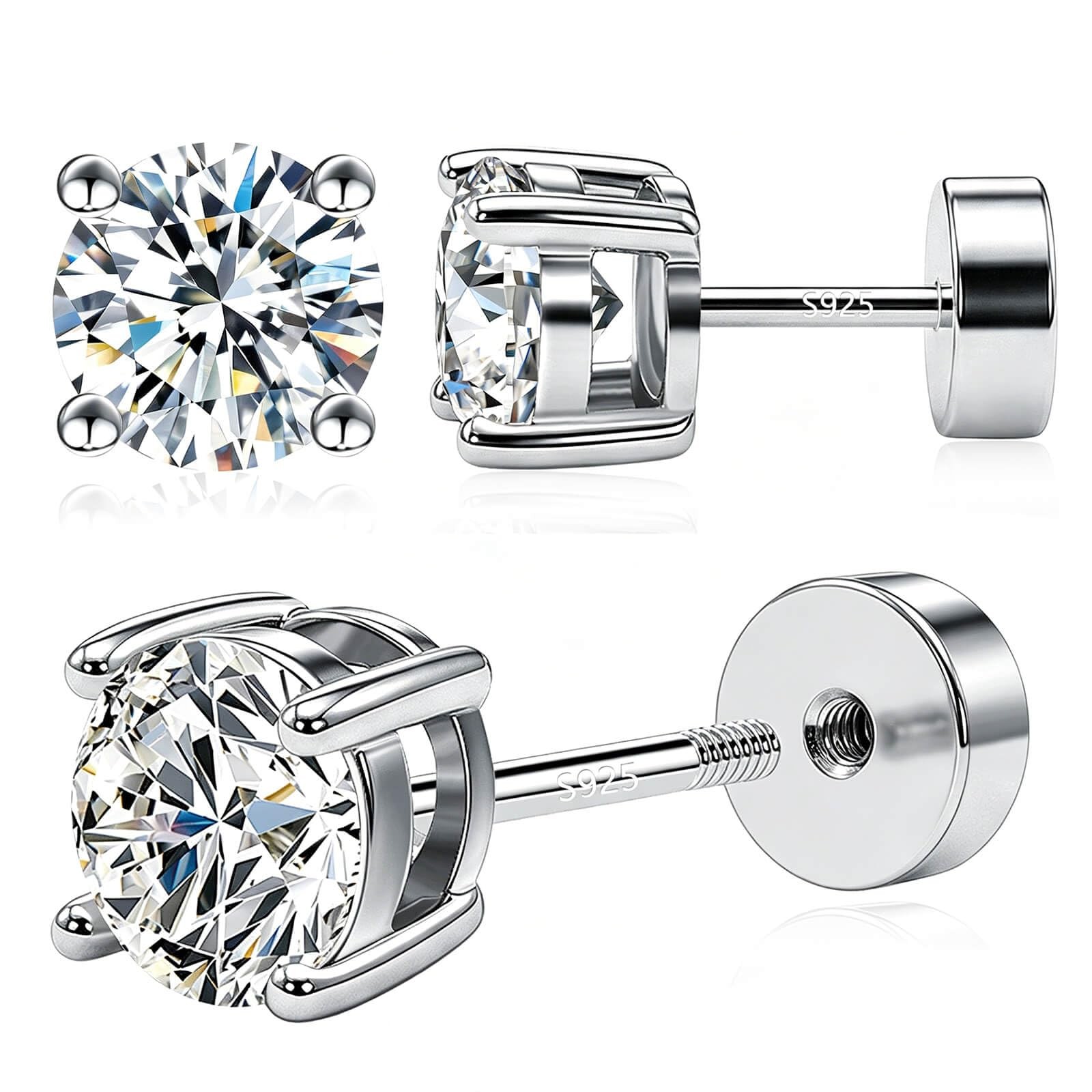 Moissanite Stud Earrings Flat Back – 1CT Hypoallergenic 925 Sterling Silver w…