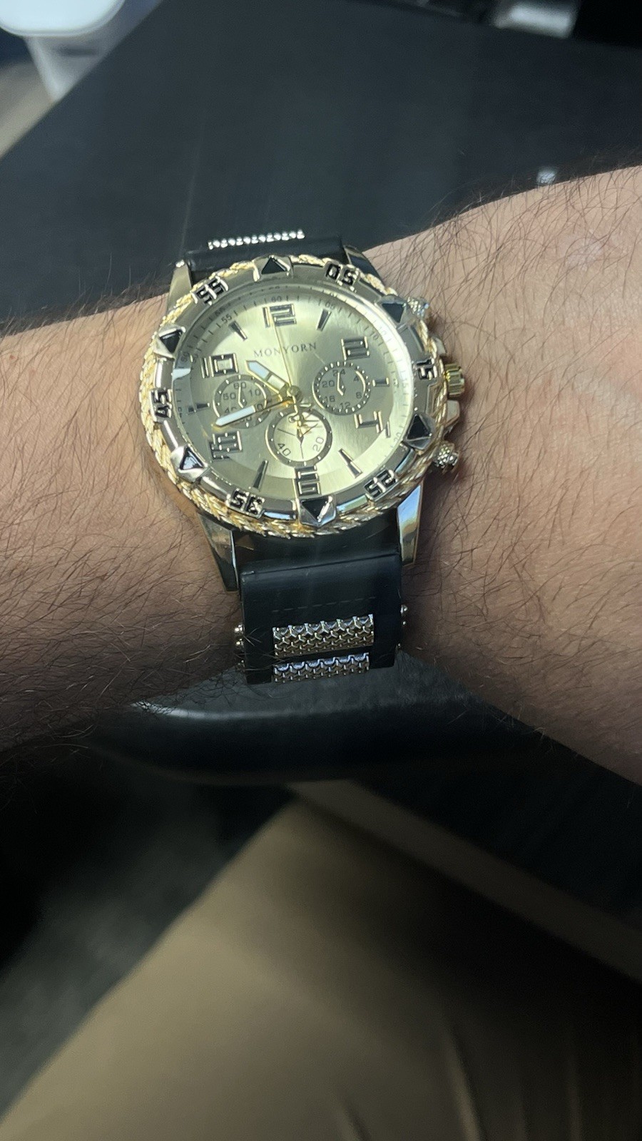 MONYORN Men’s Quartz Chronograph Analog Watch Gold Tone Case Black Rubber