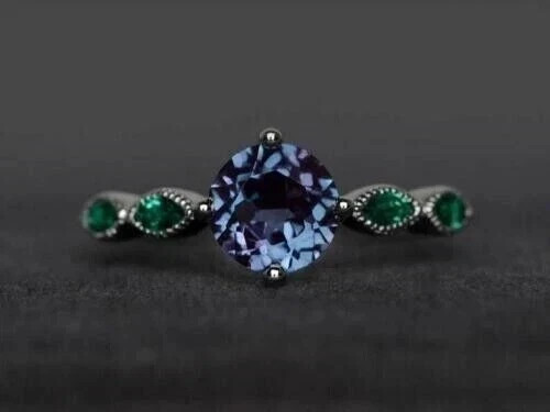2.25 Ct Round Cut Natural Alexandrite & Diamond Wedding Ring 14K White Gold