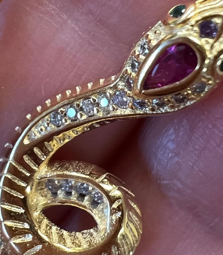 REAL Diamond Ruby Snake Earrings 14K Gold on SOLID 925 Victorian Egyptian Rev YG