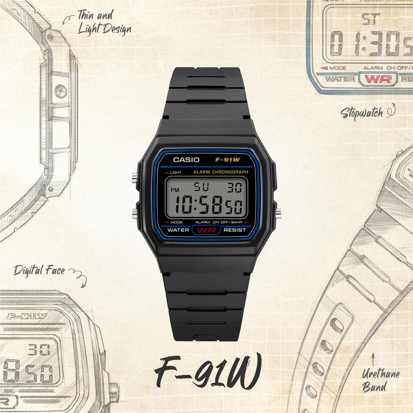 Casio F-91W-1X Vintage Digital Watch Black Resin Strap Alarm Chrono LED Light