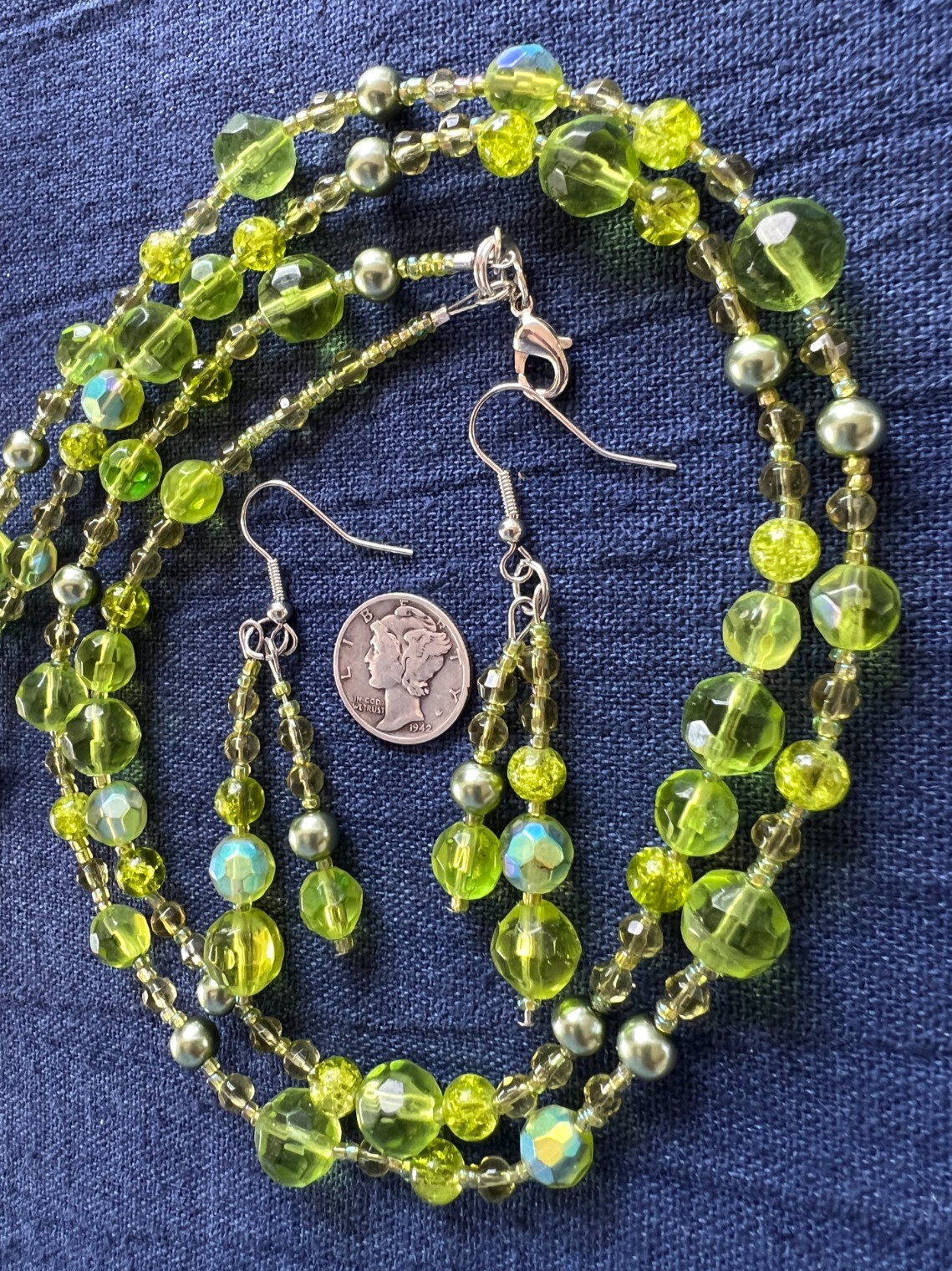 Beaded 2 Strand Necklace 17 1/2 Inches Dangle Earrings Glass Beads Pastel Green