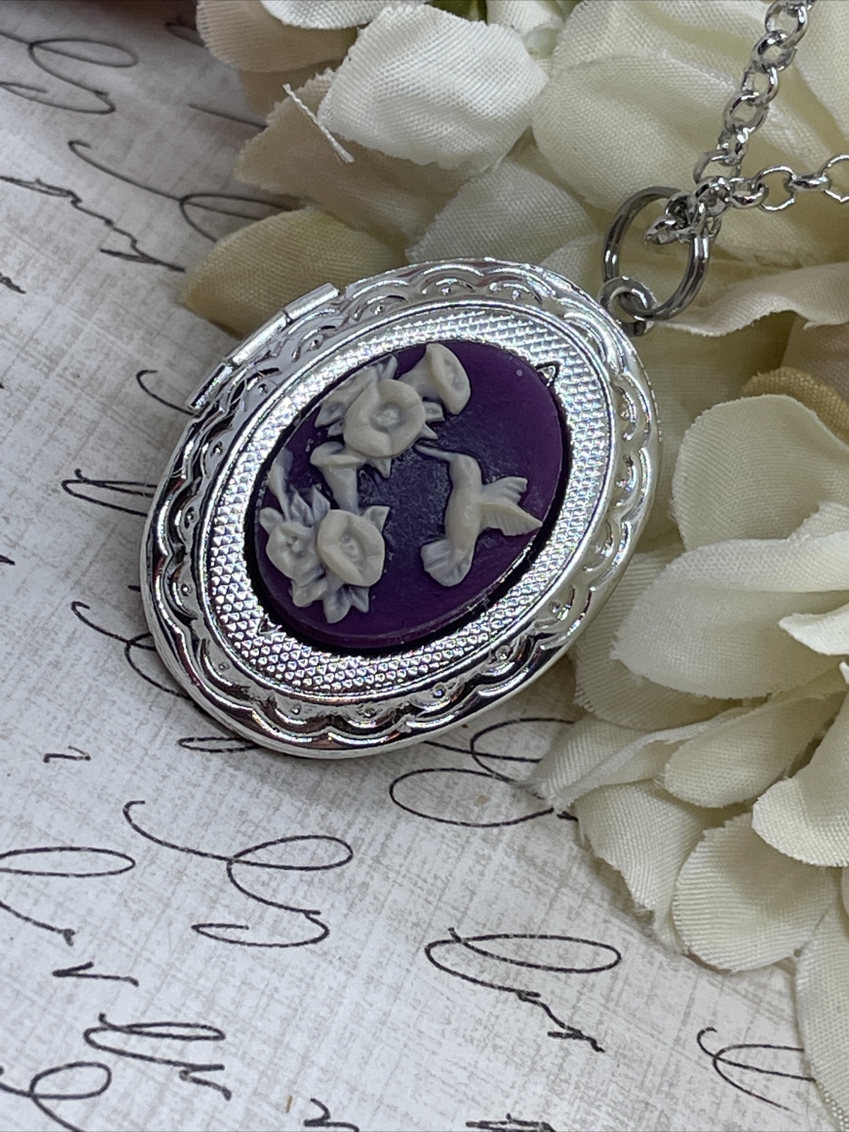 Purple Hummingbird Dainty Cameo Locket Silver Gift Wedding Party Jewelry Heart