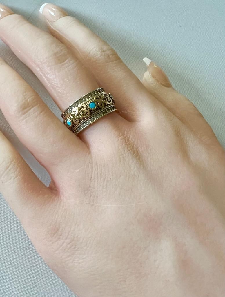 REAL Diamond Blue Turquoise SOLID 14K Gold & 925 Ring Band ETRUSCAN Rev. Size 6