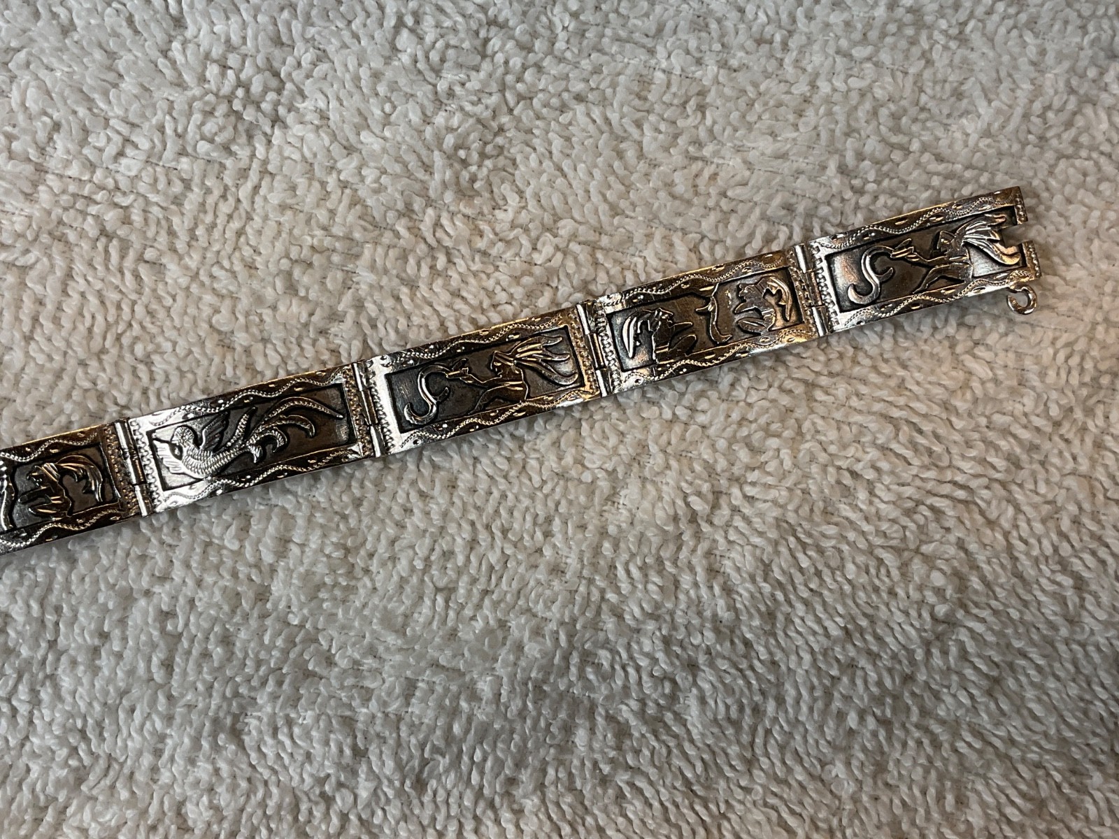 Vintage Chinese Export .900 Silver 7 Panel Bracelet Phoenix Archaistic Design