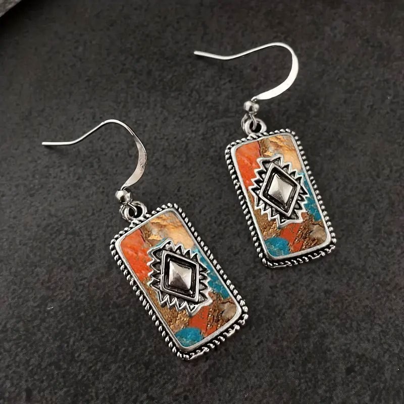 1Pair Navajo Style Southwestern Rectangle Dangle Earrings Boho Inspired Jewelry