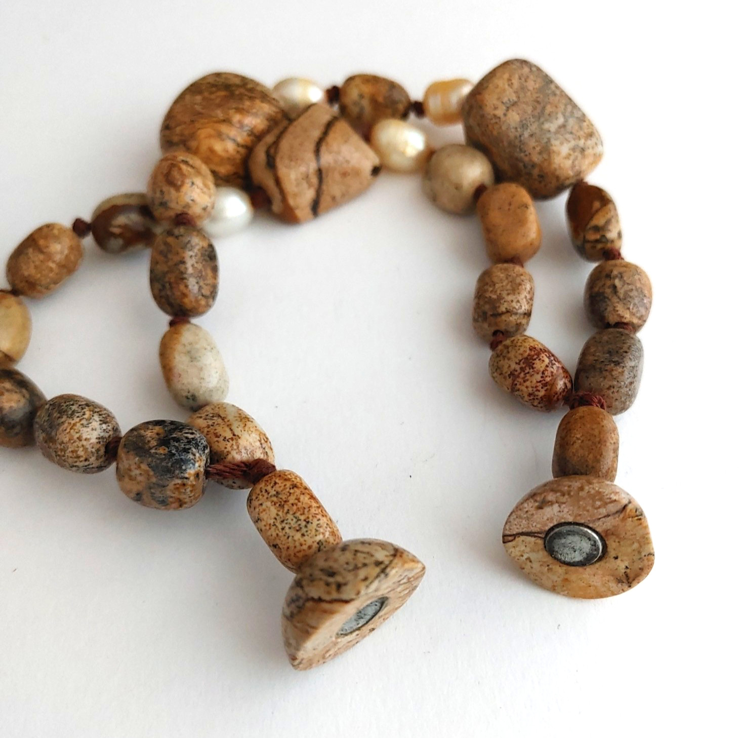 Jasper Stone Freshwater Pearl Bracelet 2 Strands Knotted Magnetic Clasp 8.5”