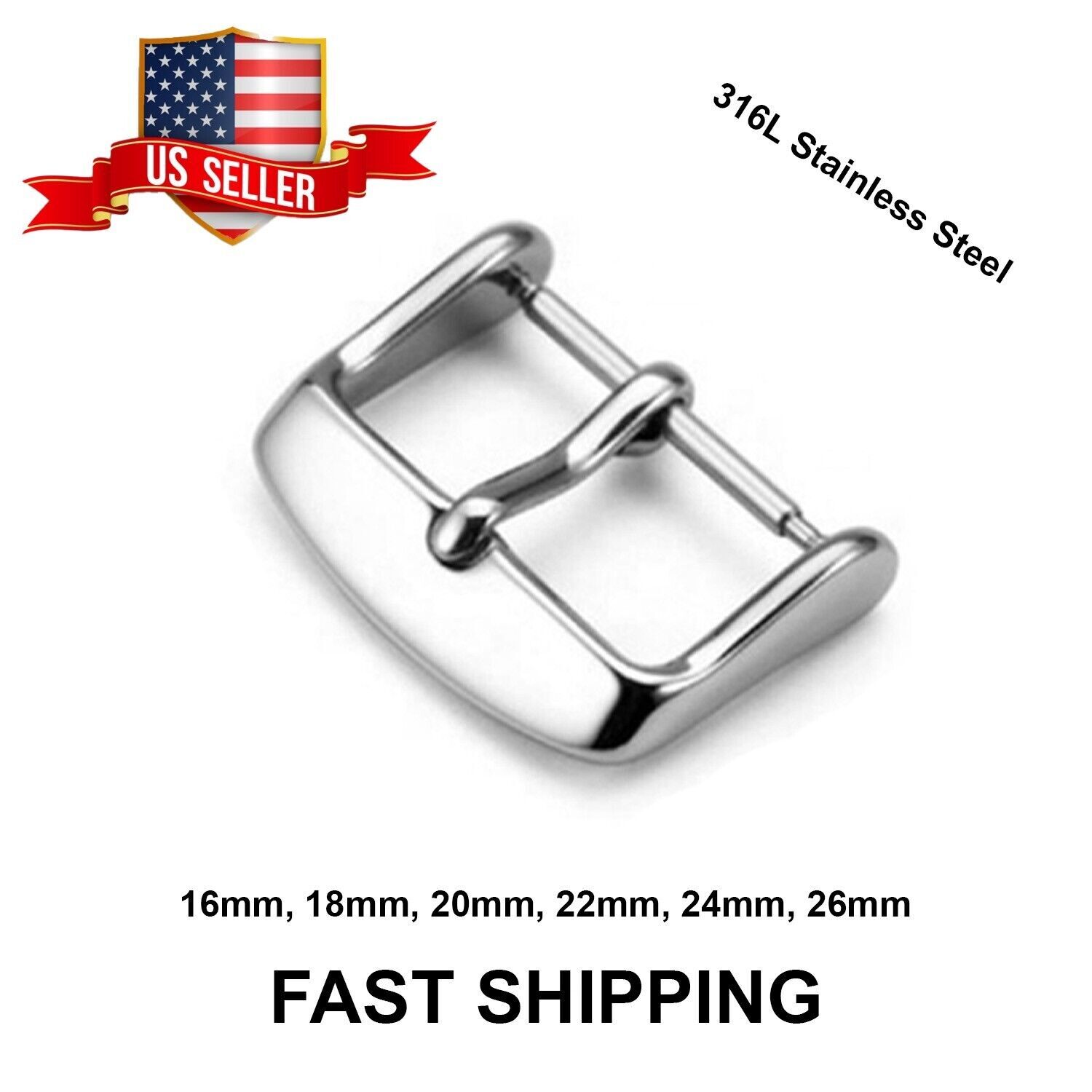 16 18 20 22 Square Buckle Stainless round tongue watchband strap Replacement USA