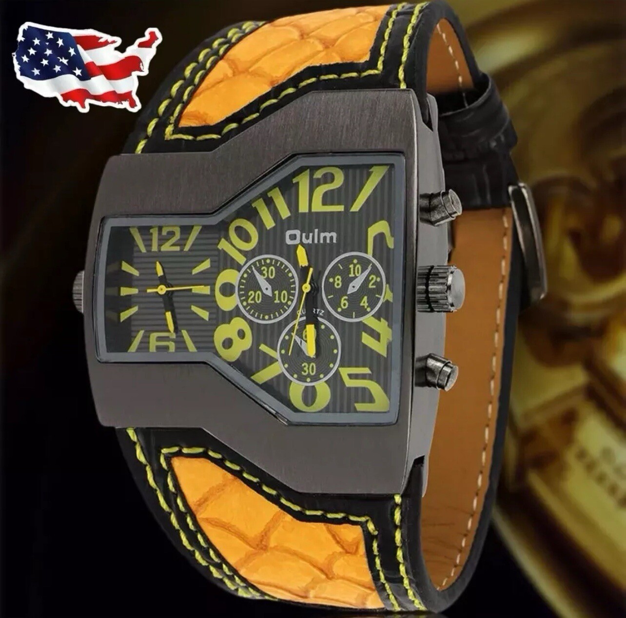OULM Mens Casual Quartz Watches Dual Time Big Face Wide Leather Band Watch
