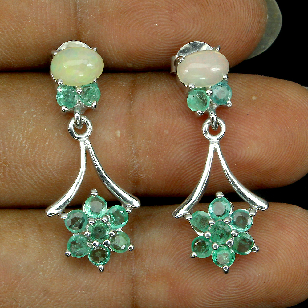 Natural GEM Top Rich Green Emerald ,Fire Opal 925 Sterling Silver DROP Earrings