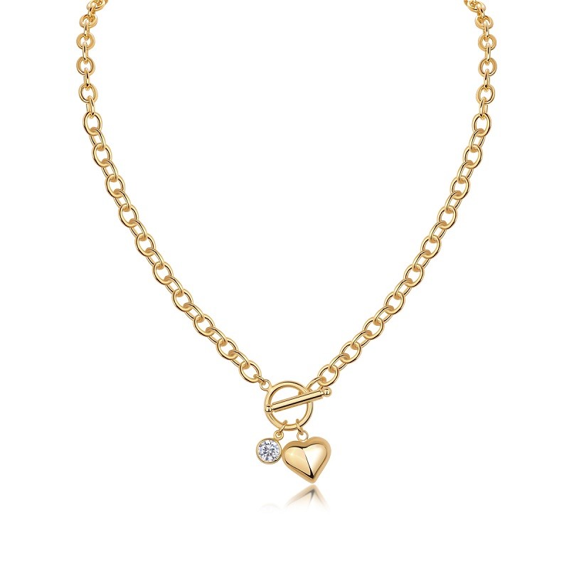 925 Sterling Silver Heart Toggle Necklace Moissanite Gold Plated GRA