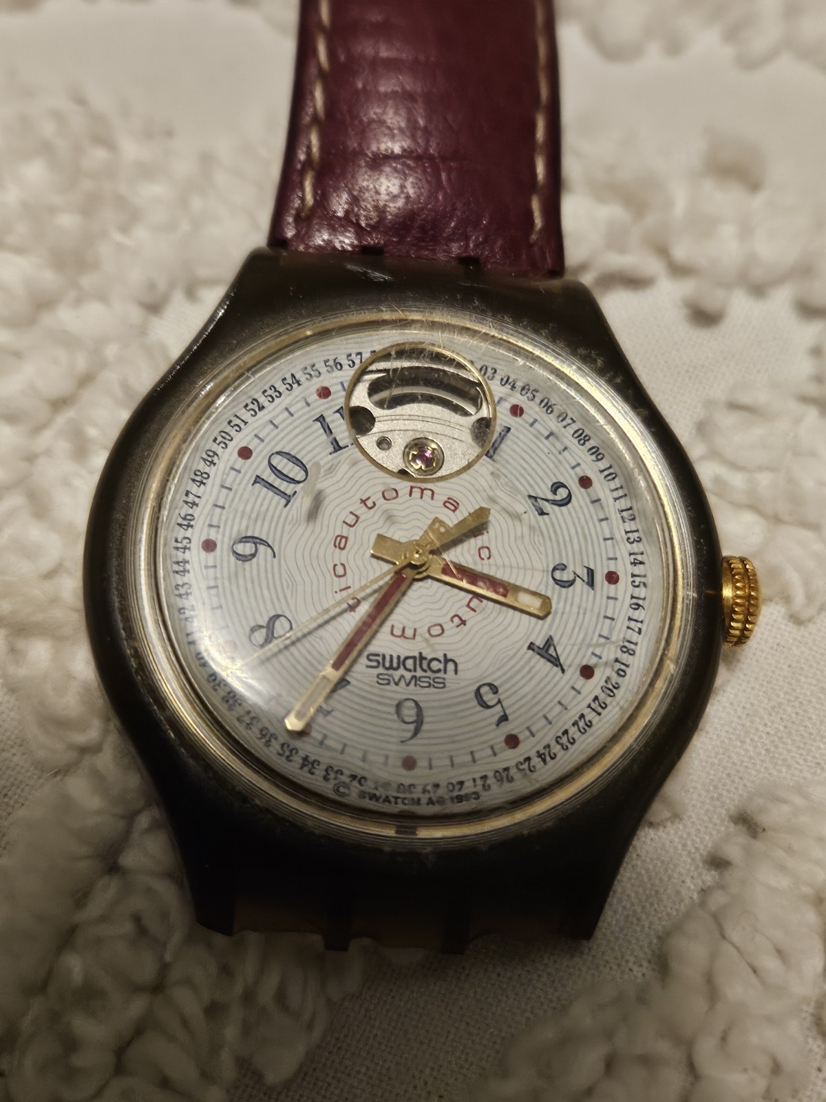 Swatch SAM103 Classic Cheddar 1993 Automatic Watch Original Band Torn As Is Runs