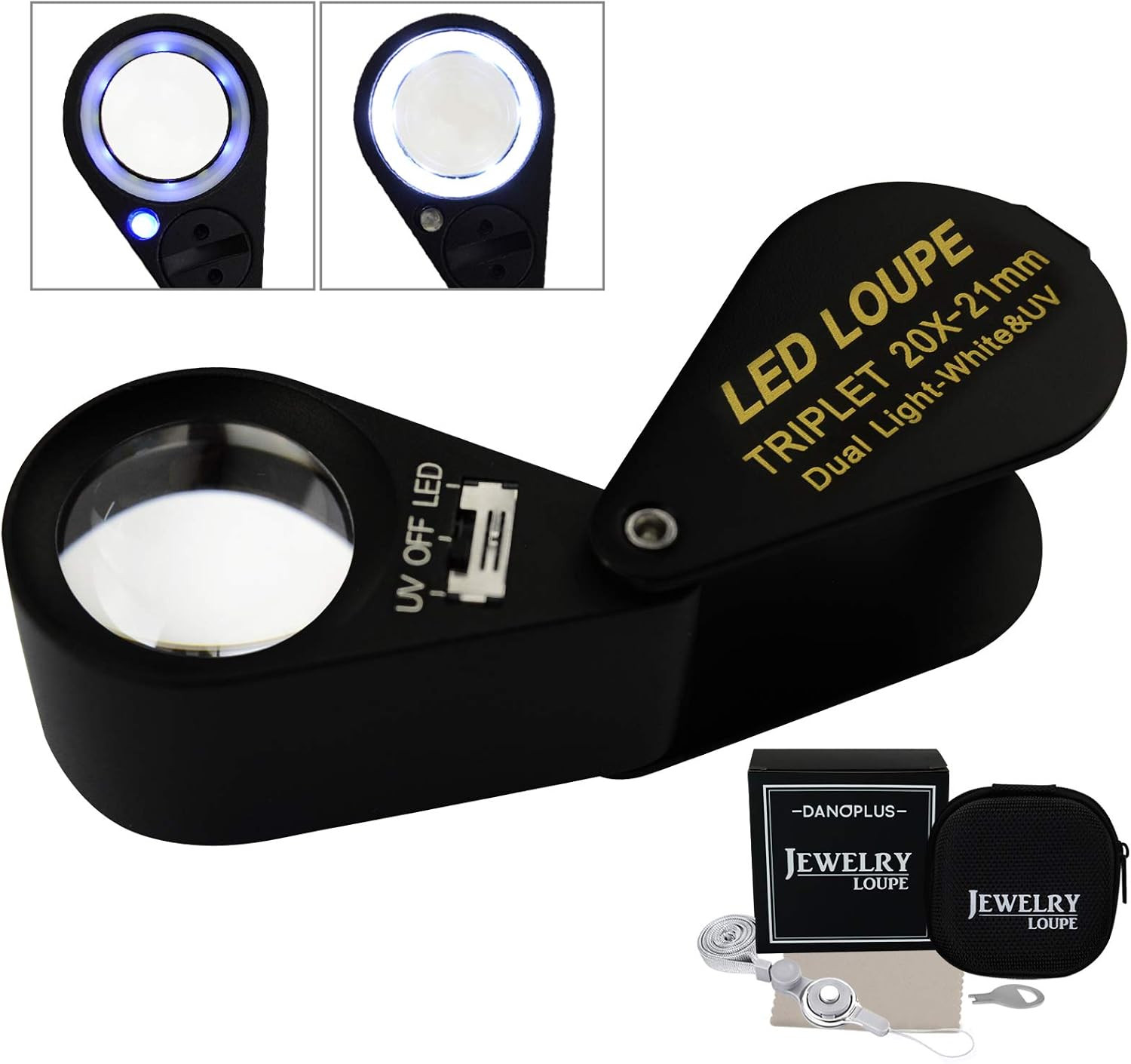 20x Magnifier Jewelry Loupe LED UV 21mm Triplet Lens Optical Glass, Pocket Gem M