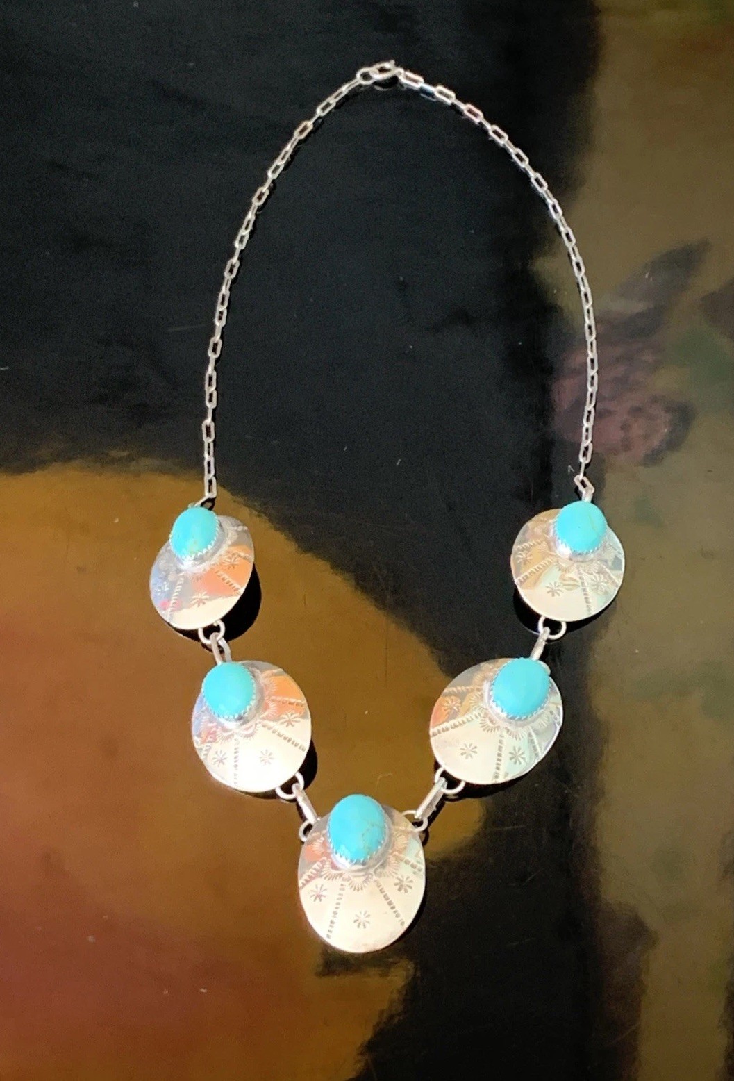 Southwestern Turquoise Stamp Work Sterling Silver Lariat Concho Necklace Vintage