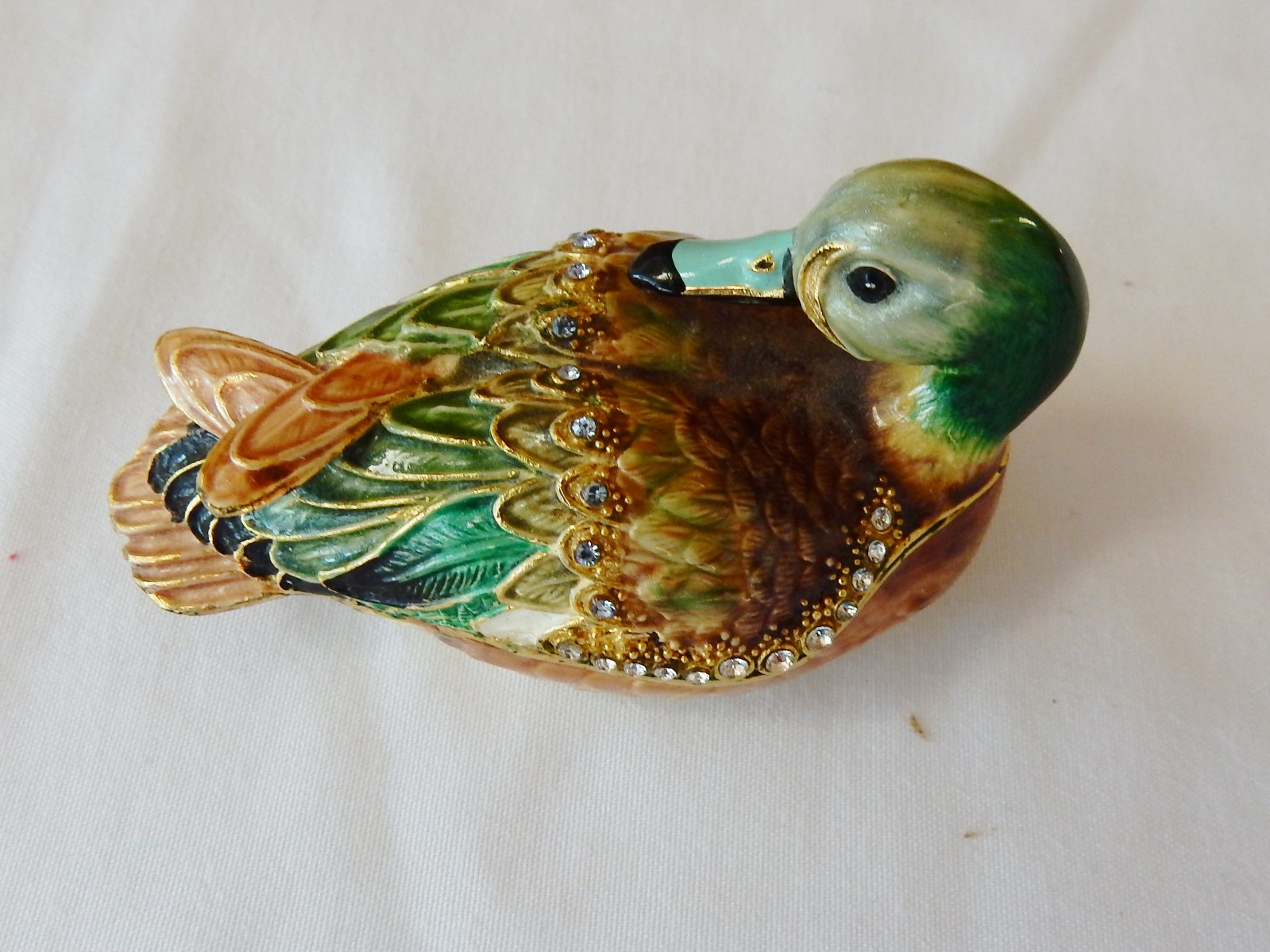Mallard Duck Jeweled Enamel Trinket Box, hand-painted, Austrian crystals
