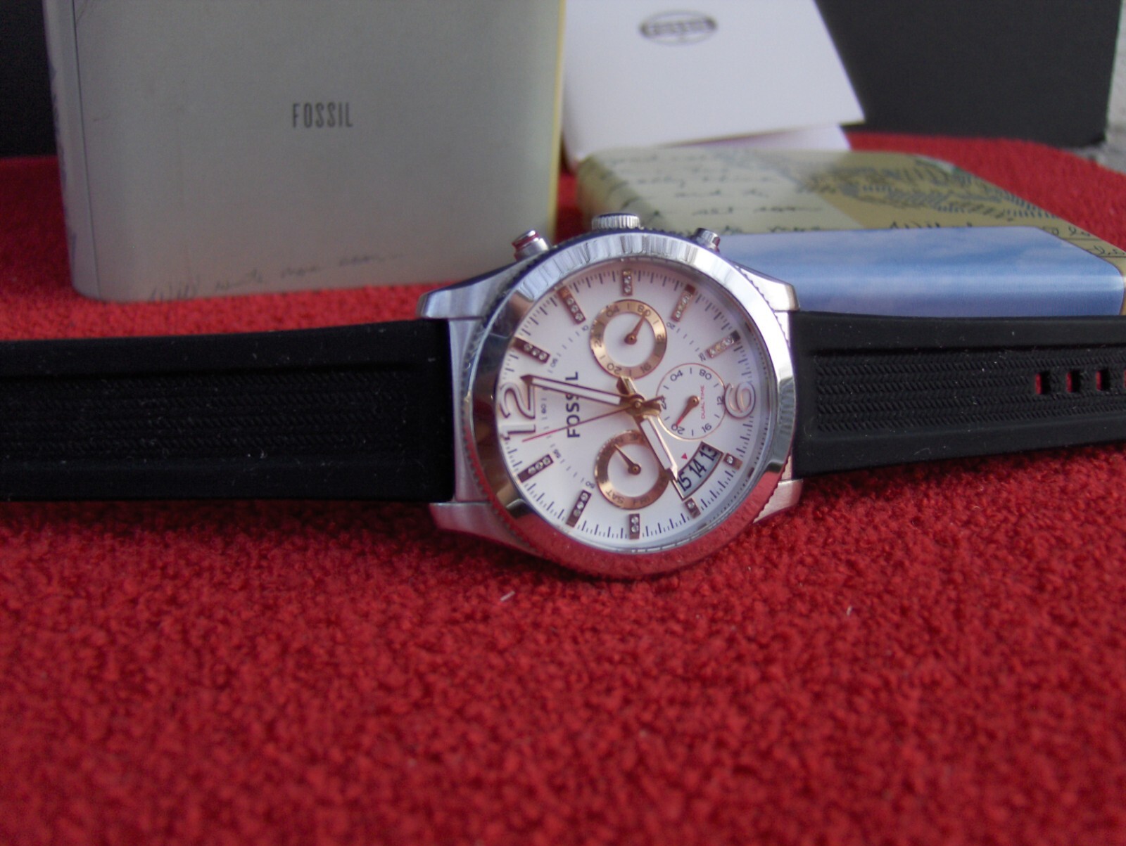 FOSSIL ES 4250 BOYFRIEND 3 EYE CHRONOGRAPH SWAROVSKI CRYSTAL MARKERS DATE WINDOW