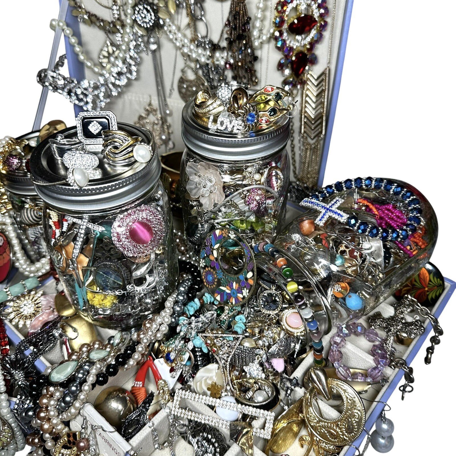 1+Lb Full (1) Ball Mason Jar Mystery Lot All Wearable Jewelry GUC Necklaces Etc.