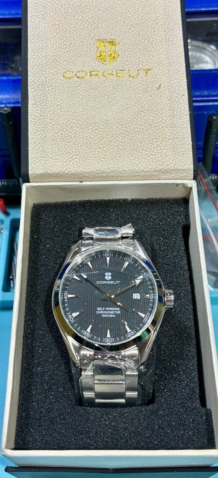 CORGEUT AUTOMATIC SAPPHIRE 41MM BLACK TEAKED DIAL OCEANMASTER STAINLESS STEEL