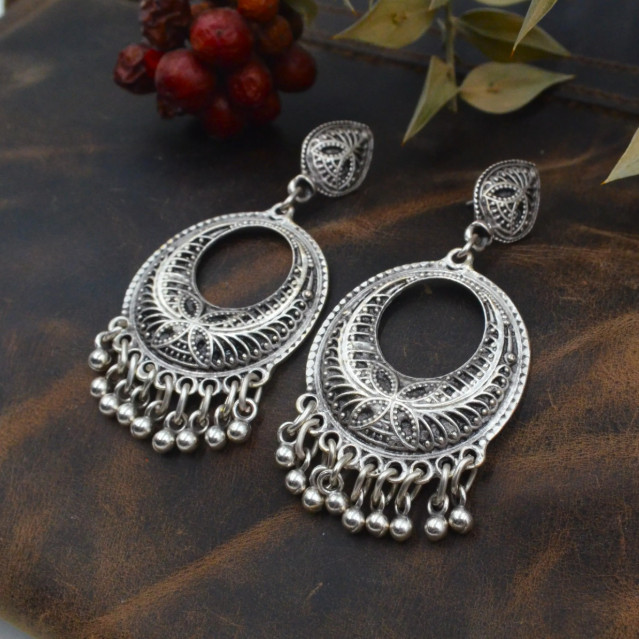 Boho Ethnic Antique Silver Crescent Chandelier Dangle Fringe Bohemian Earrings