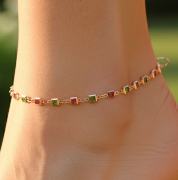 Elegant Rose Gold Plated Anklet Multi-Color Stone Minimalist Chain Anklet