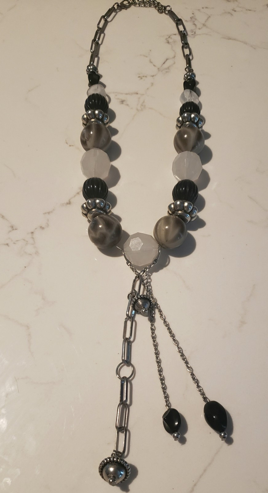Black & Silver Glass Bead Necklace – 20″ + Drop