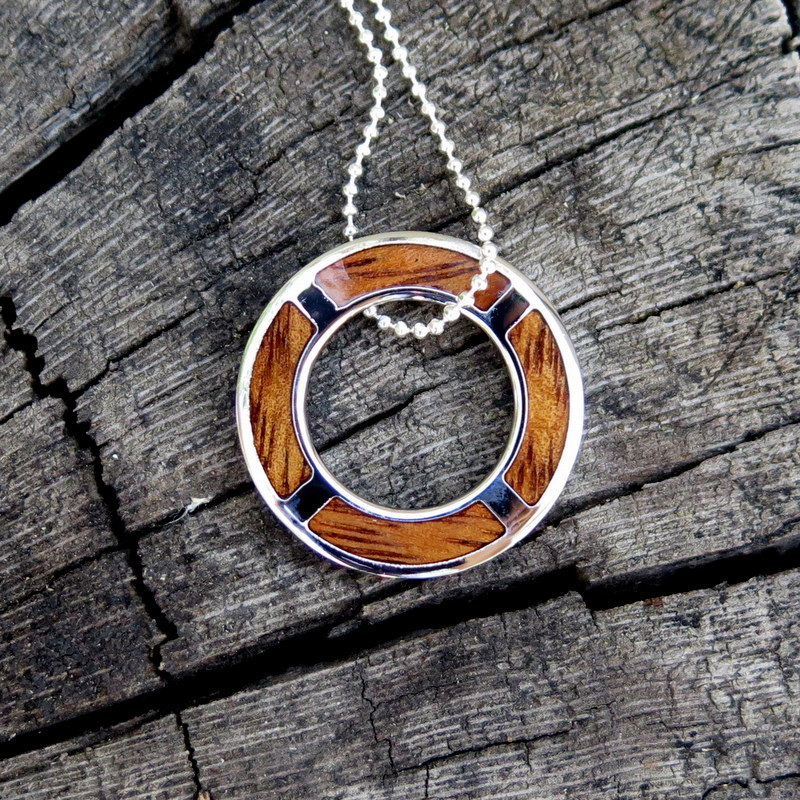 Koa Wood Hawaiian Jewelry Scroll Silver Rhodium Plated Brass Pendant BRP1001