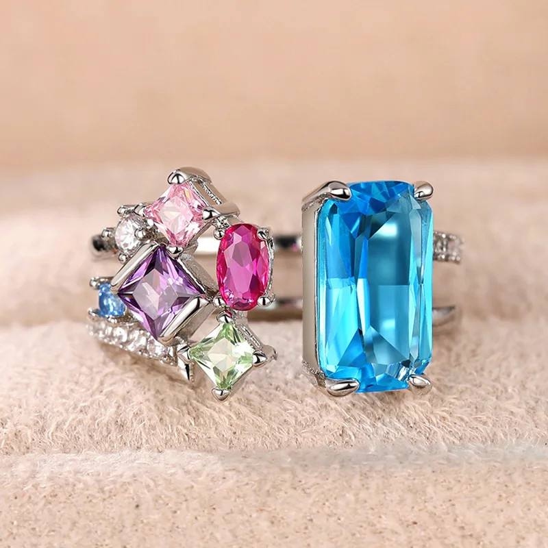 Colorful Geometric Band Ring Simulated Zirconia Silver Tone Adjustable Jewelry