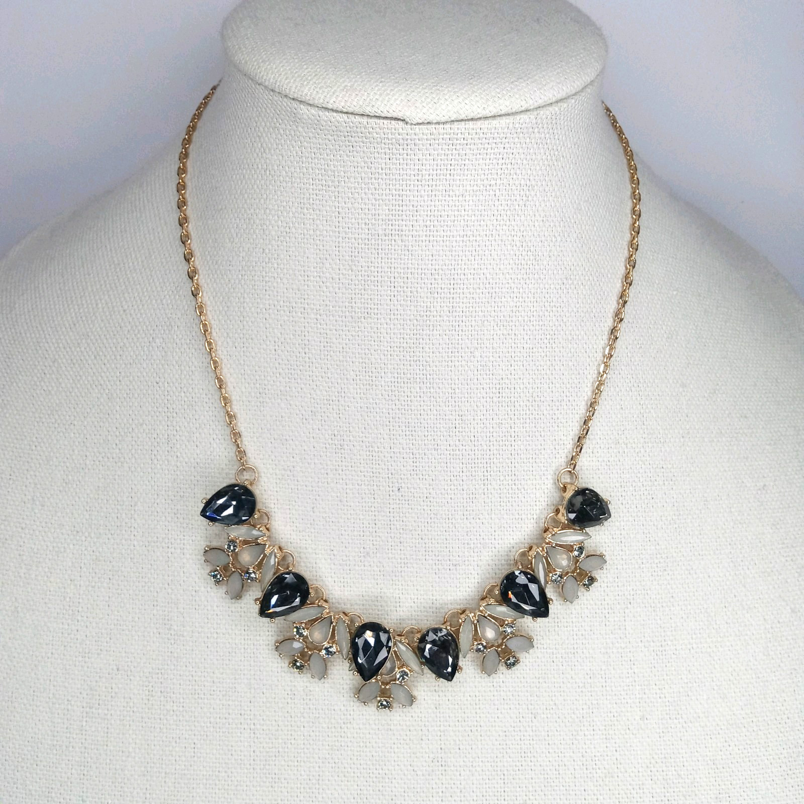 Statement Necklace Gold Tone Smoky Black& Clear Rhinetones Vintage-Inspired Glam