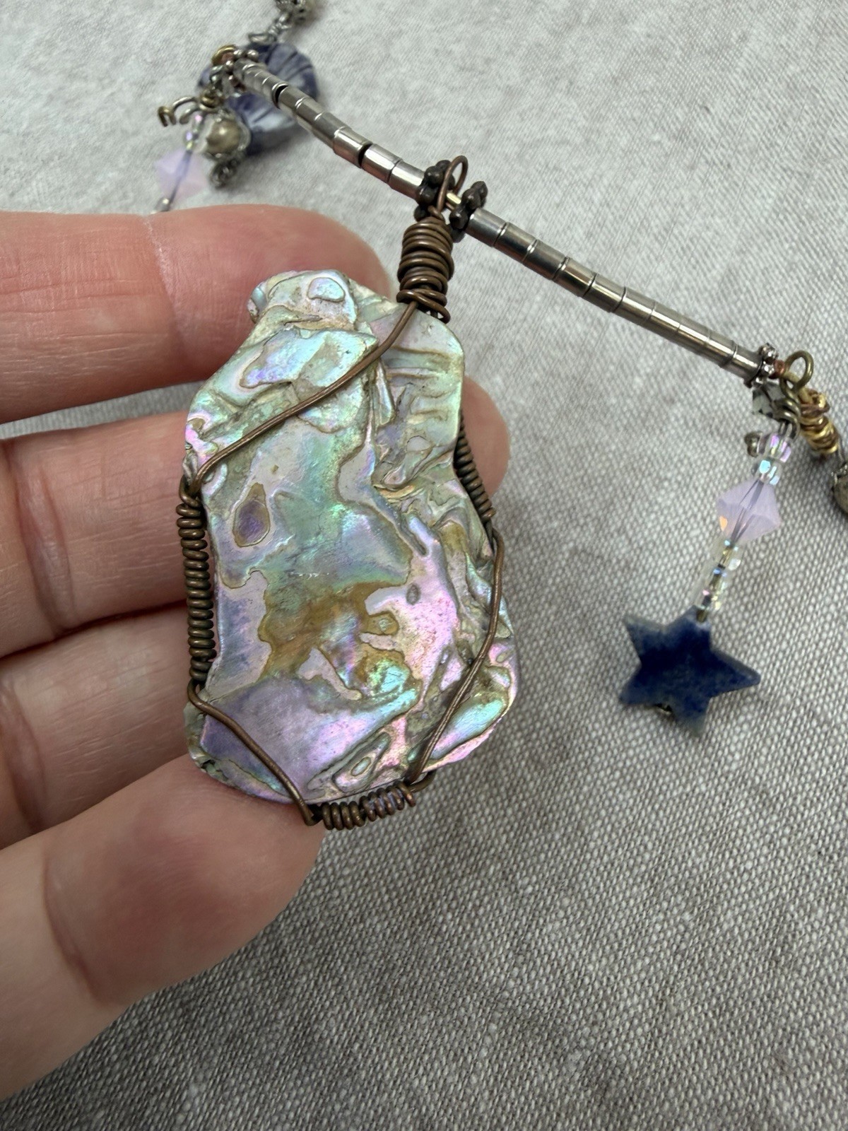 OOAK Artisan Mermaid Whimsical Necklace Mother of Pearl Pendant Stone Shell Star