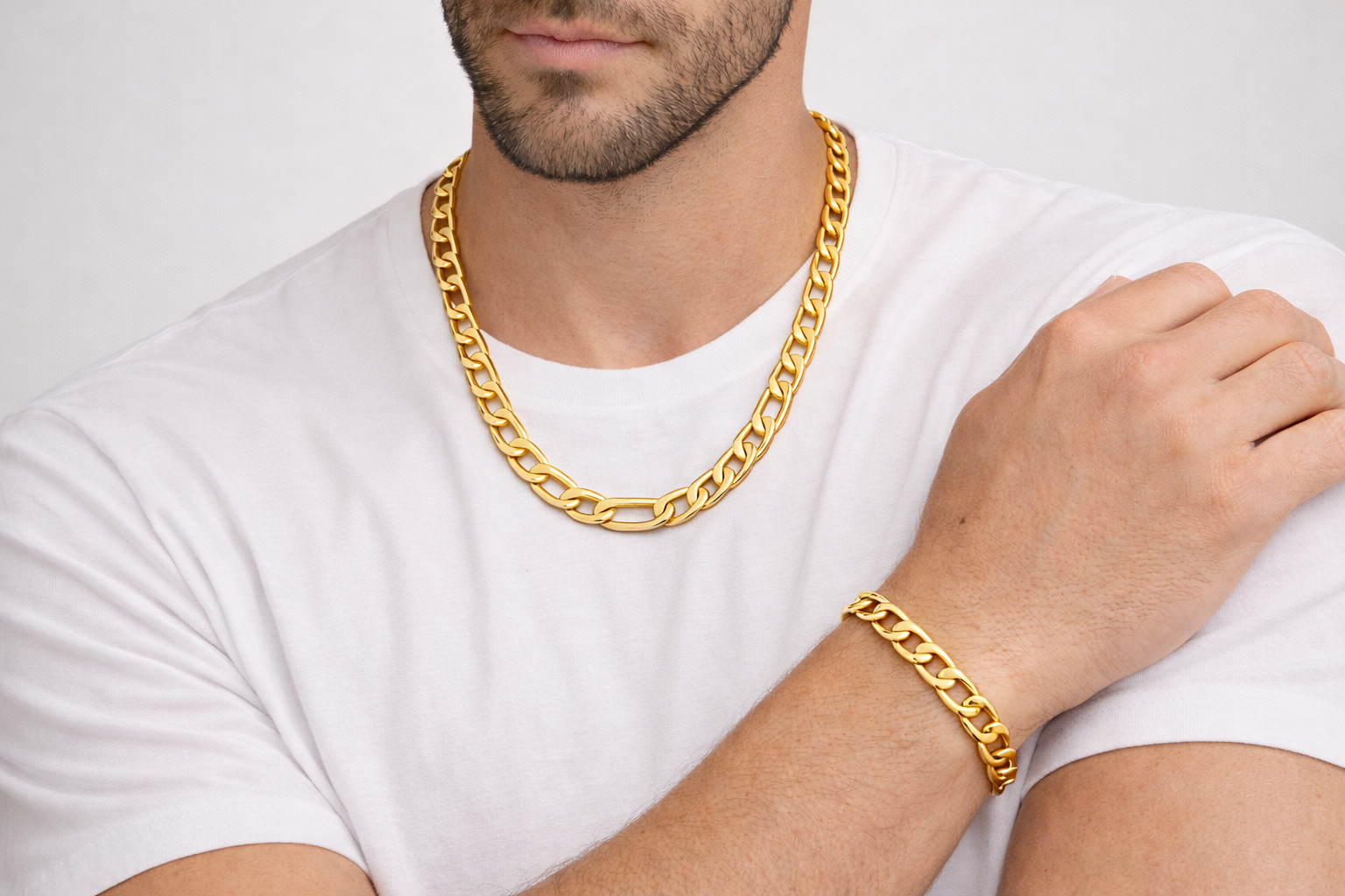 Italian 1/200 14k Yellow Gold Overlay Figaro Link Chain Necklace Bracelet Set